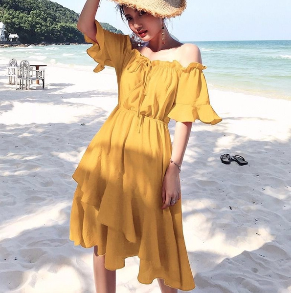Summer French Dress Beach Skirt Yellow ...
